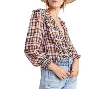 Maeve Anthropologie Laila Plaid Ruffle Semi Sheer Wrap Prairie Chiffon Blouse 6